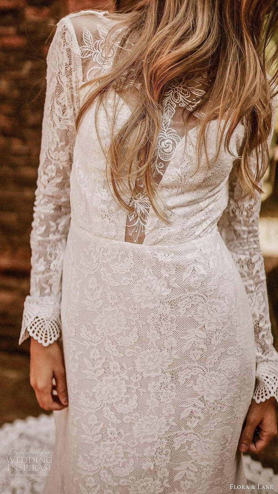 flora and lane 2019 bridal long sleeves bateau neckline fully embellished lace boho romantic mermaid sheath wedding dress v back chapel train (5) zv