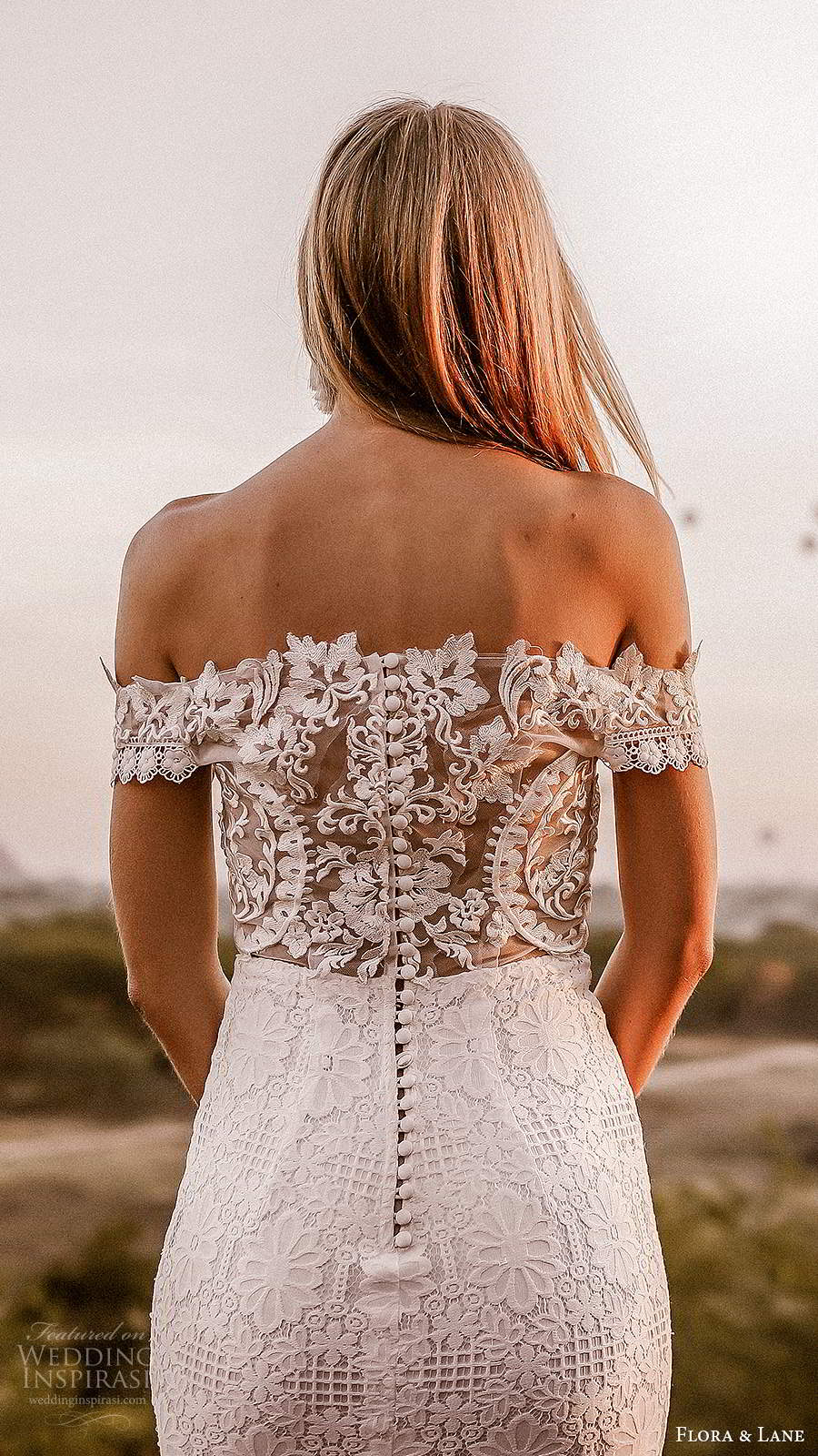 flora and lane 2019 bridal off shoulder short sleeves straight across neckline fully embellished lace sheath mermaid wedding dress sheer back chapel train (2) zbv