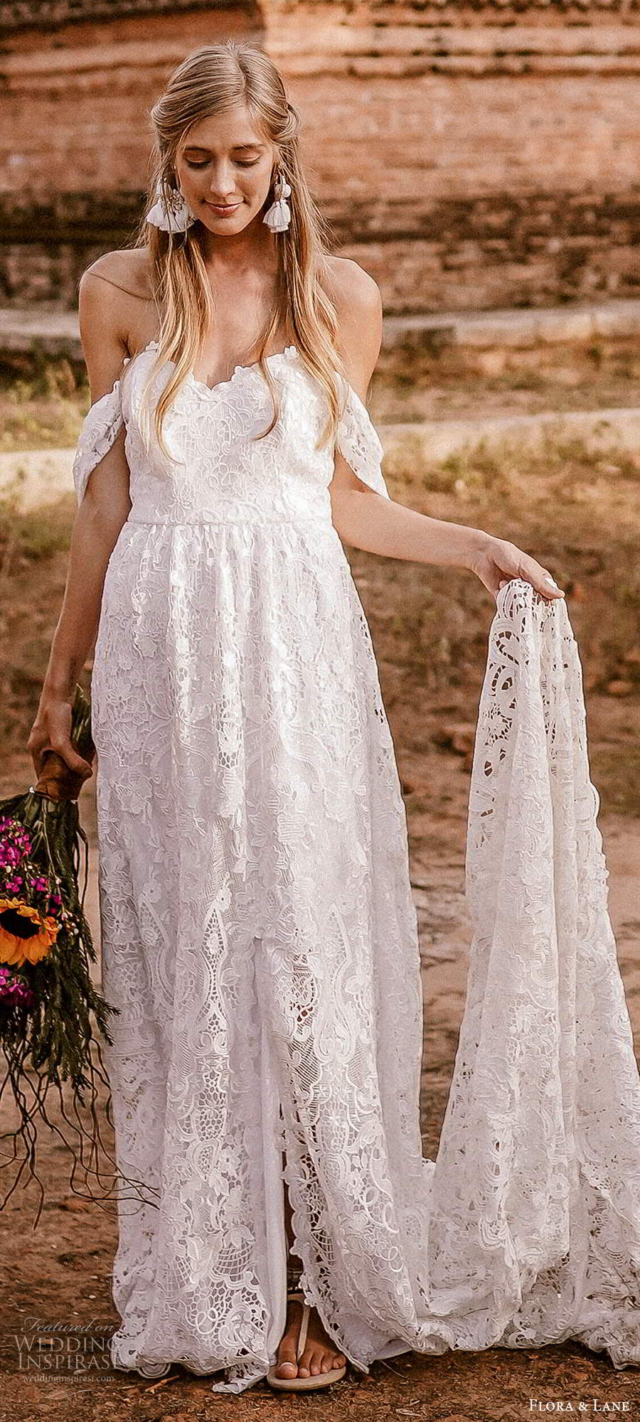 flora and lane 2019 bridal off shoulder straps sweetheart neckline fully embellished lace romantic boho ball gown a line wedding dress slit skirt cathedral train (6) lv