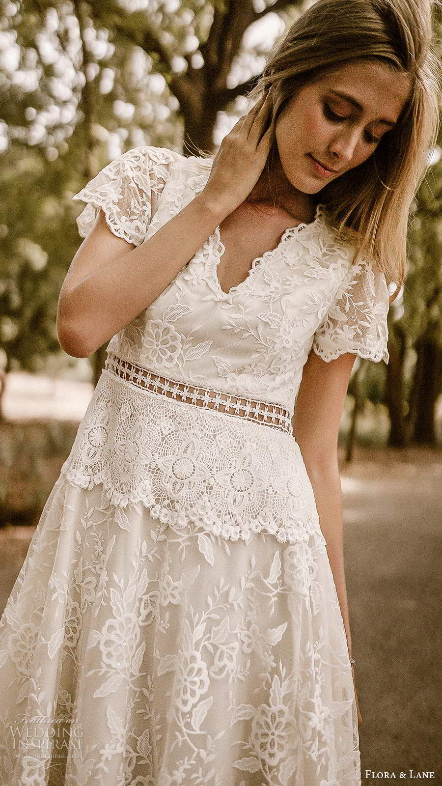 flora and lane 2019 bridal sheer short sleeves v neckline fully embellished lace romantic a line ball gown wedding dress keyhole back chapel train (5) mv