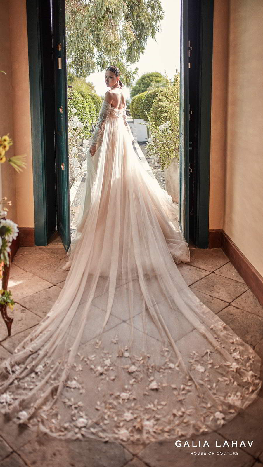 galia lahav fall 2018 bridal long bishop sleeves off the shoulder sweetheart neckline ruche bodice champagne romantic a  line wedding dress royal train (magnolia)  bv