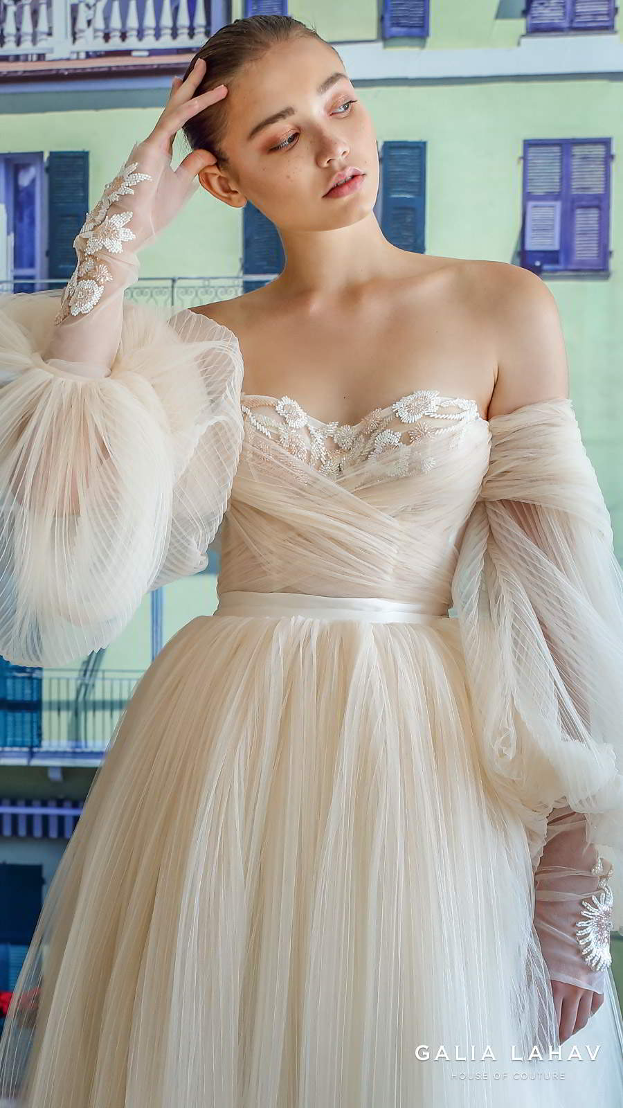 galia lahav fall 2019 bridal off shoulder sheer balloon sleeves sweetheart neckline lace bodice pleated ball gown wedding dress sweep train blush (bellina) zv