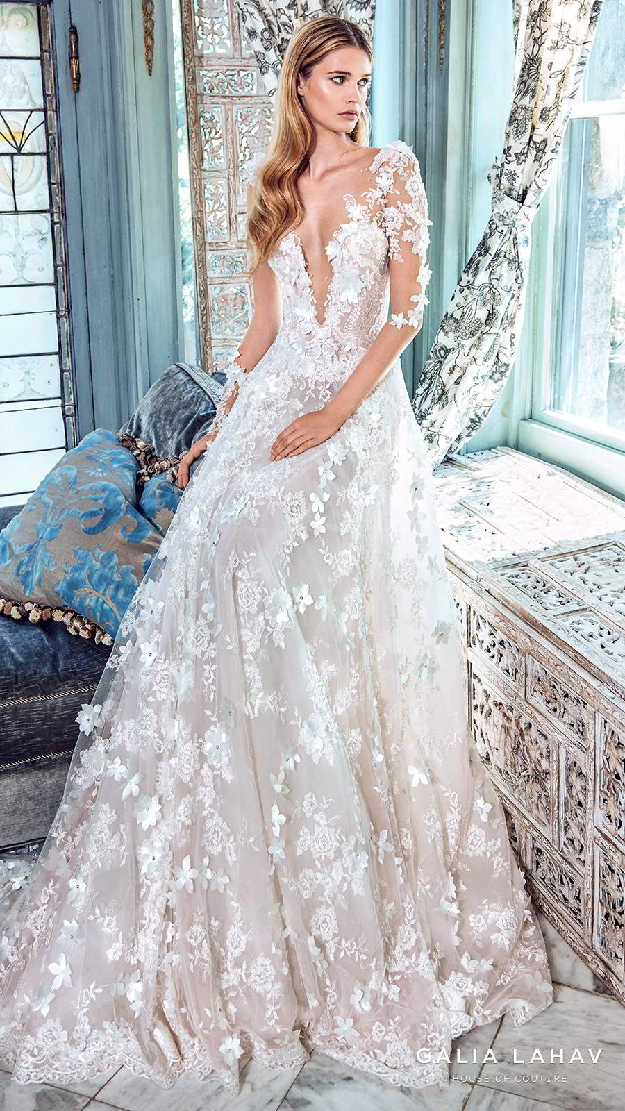 galia lahav spring 2017 bridal illusion long sleees deep vneck fully embellished aline lace wedding dress chapel train (arabella) mv