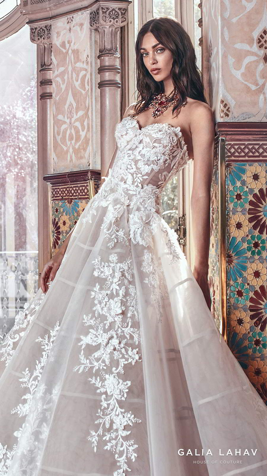 galia lahav spring 2018 bridal strapless sweetheart neckline heavily embellished bodice romantic princess blush color ball gown a  line wedding dress chapel train (alma) zv