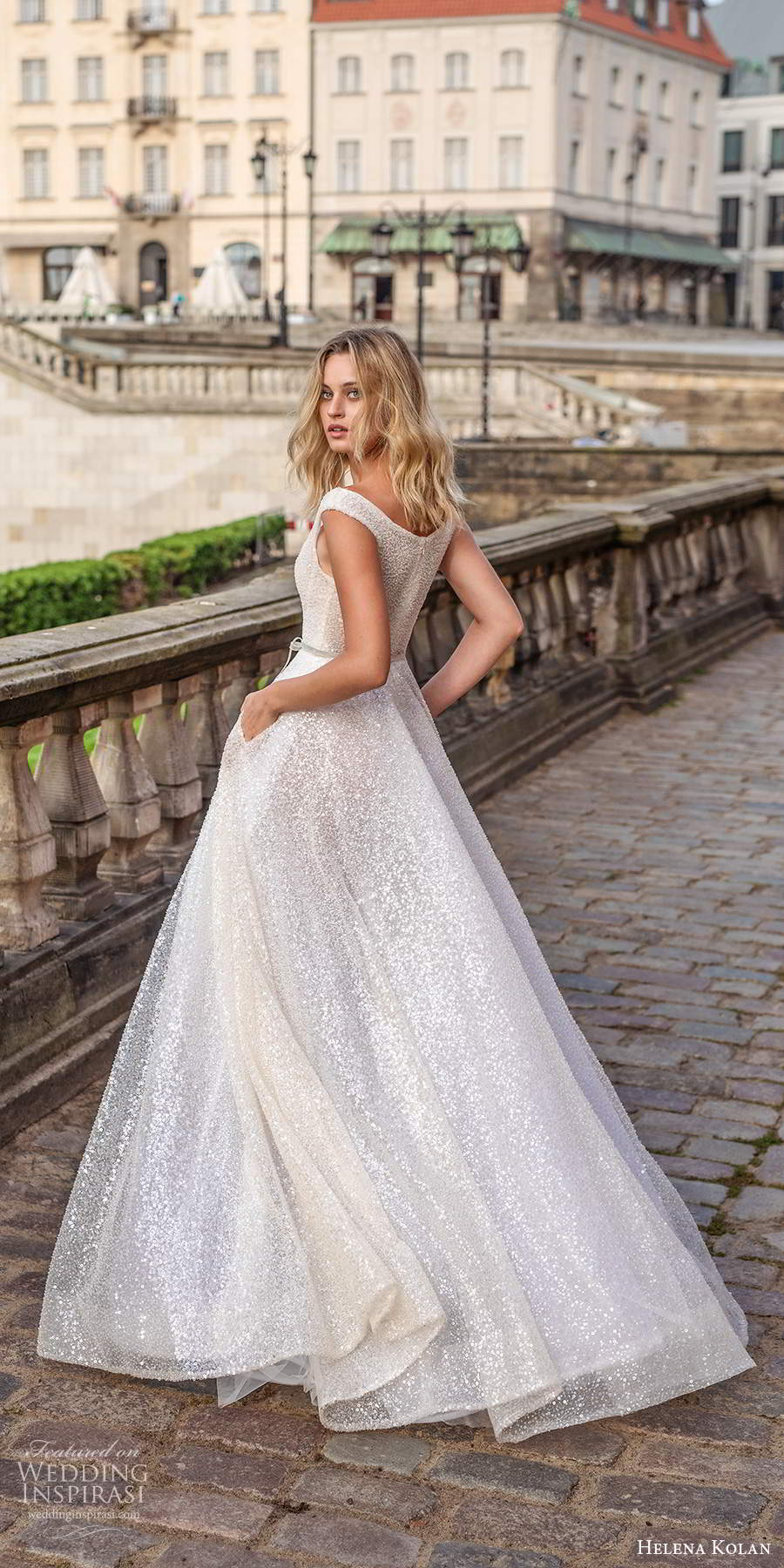 helena kolan 2020 bridal off shoulder cap sleeves scoop neckline fully embellished glitzy glam a line ball gown wedding dress pockets sweep train (13) bv