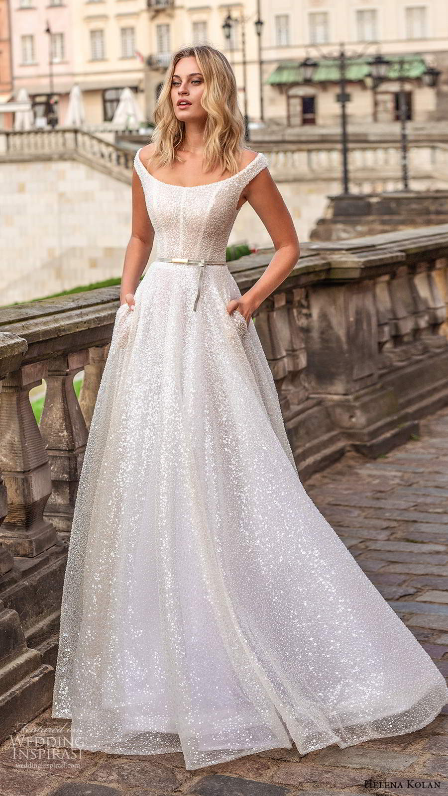 helena kolan 2020 bridal off shoulder cap sleeves scoop neckline fully embellished glitzy glam a line ball gown wedding dress pockets sweep train (13) mv