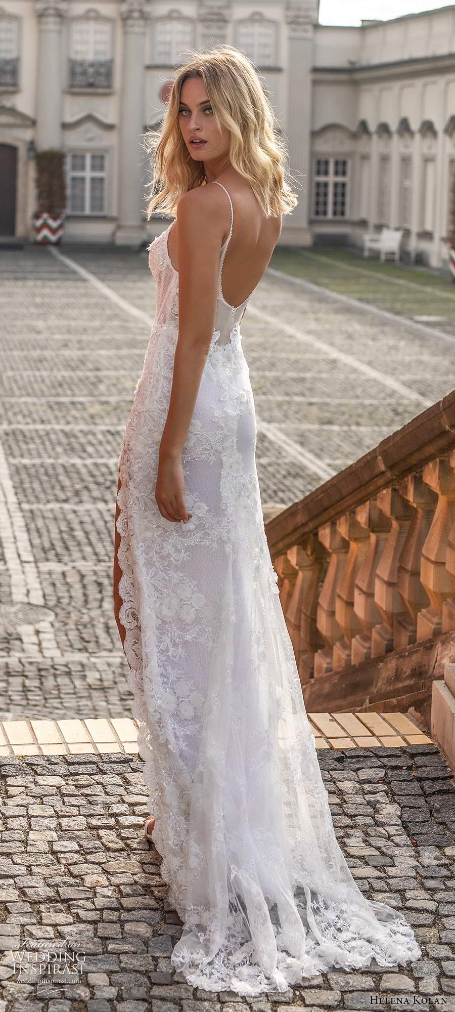 helena kolan 2020 bridal sleeveless thin straps sweetheart neckline fully embellished lace sheath wedding dress slit skirt low sheer back sweep train (11) bv