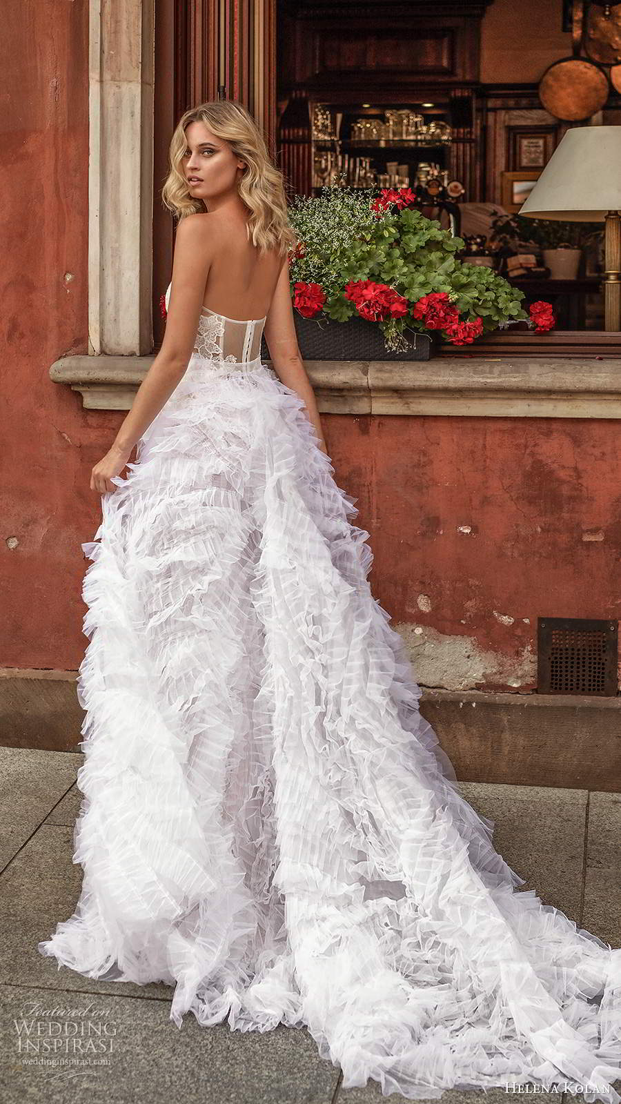helena kolan 2020 bridal strapless sweetheart fully embellished lace sheath wedding dress a line ruffle overskirt chapel train (10) bv helena kolan 2020 bridal strapless sweetheart fully embellished lace sheath wedding dress a line ruffle overskirt chapel train (10) bv