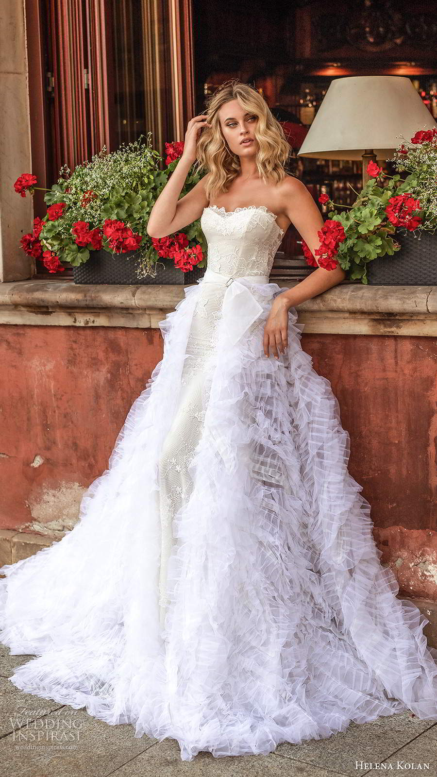 helena kolan 2020 bridal strapless sweetheart fully embellished lace sheath wedding dress a line ruffle overskirt chapel train (10) mv