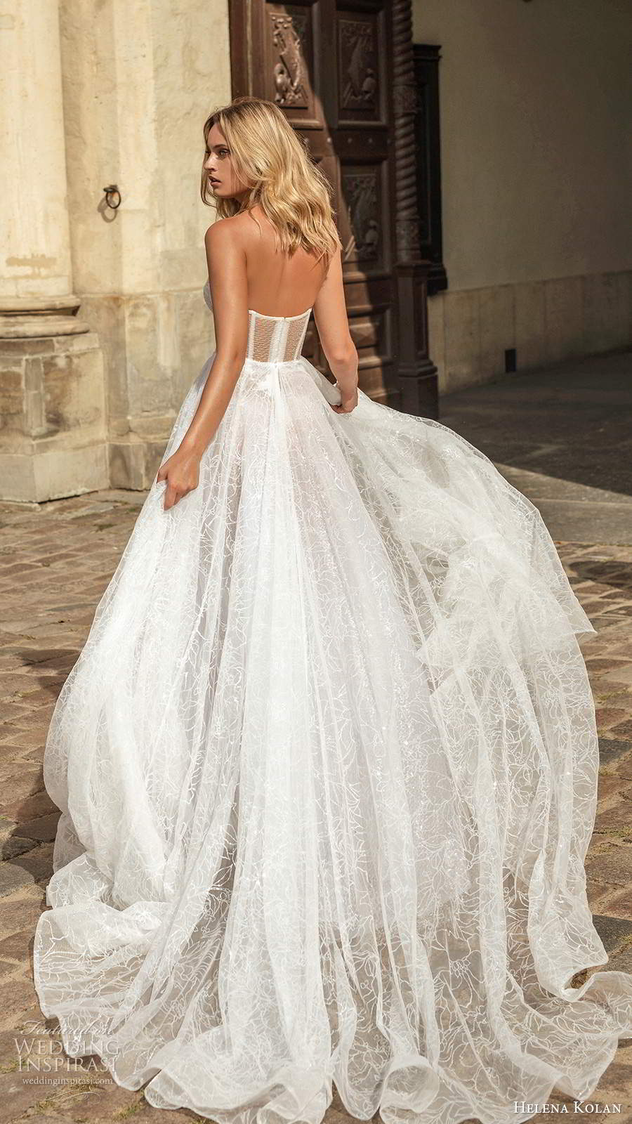 helena kolan 2020 bridal strapless sweetheart sheer corset bodice fully embellished lace a line ball gown wedding dress sheer back chapel train (8) bv
