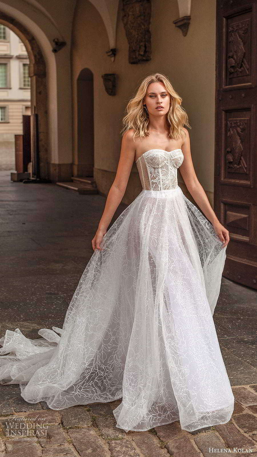 helena kolan 2020 bridal strapless sweetheart sheer corset bodice fully embellished lace a line ball gown wedding dress sheer back chapel train (8) sv