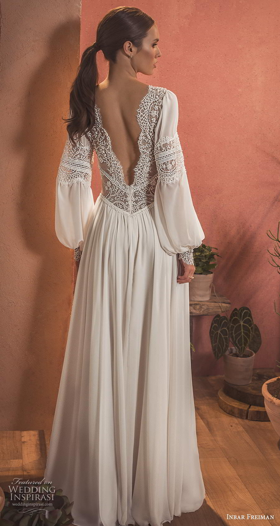 inbar freiman 2020 bridal long bishop sleeves deep v neck heavily embellished bodice bohemian glamorous soft a  line wedding dress low v back sweep train (6) bv 