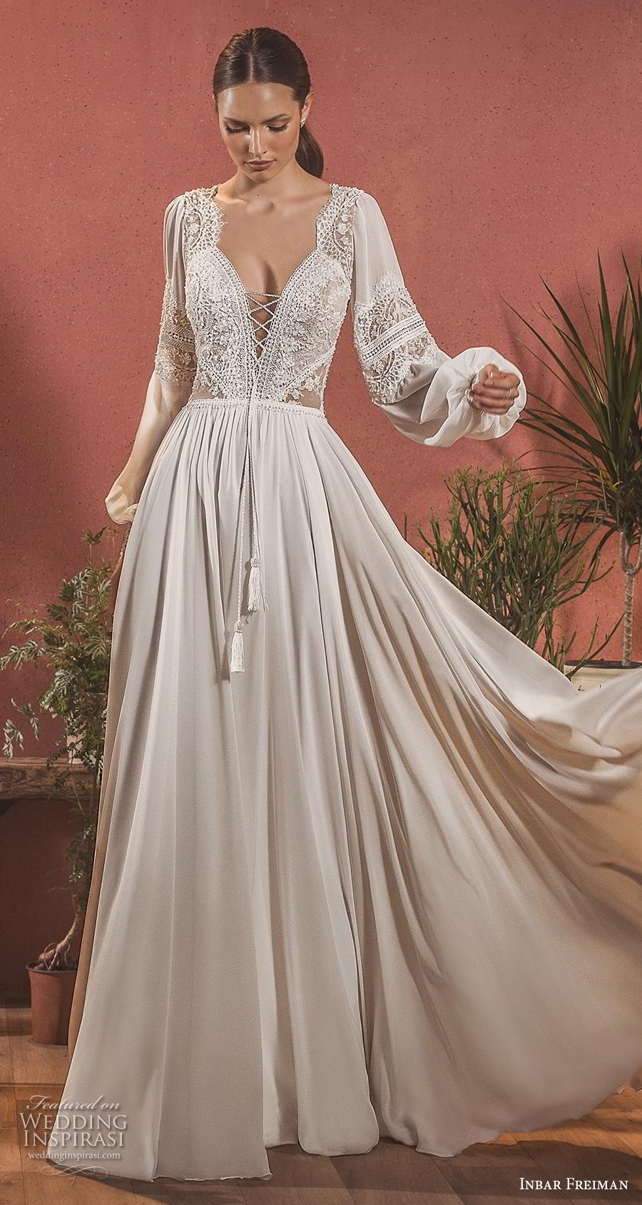 inbar freiman 2020 bridal long bishop sleeves deep v neck heavily embellished bodice bohemian glamorous soft a  line wedding dress low v back sweep train (6) mv 