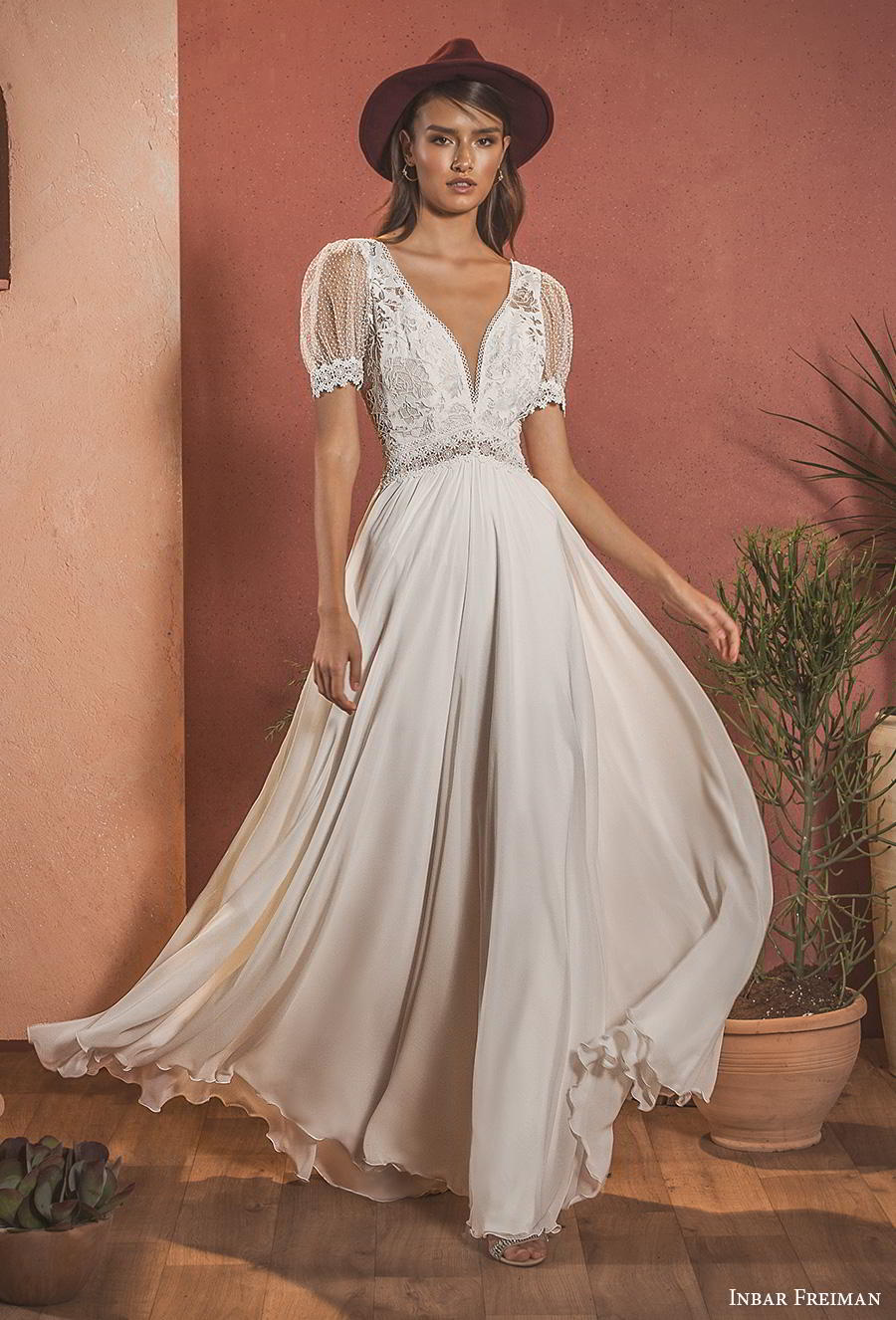 inbar freiman 2020 bridal short puff sleeves deep v neckline heavily embellished bodice vintage romantic a  line wedding dress backless v back sweep train (7) mv