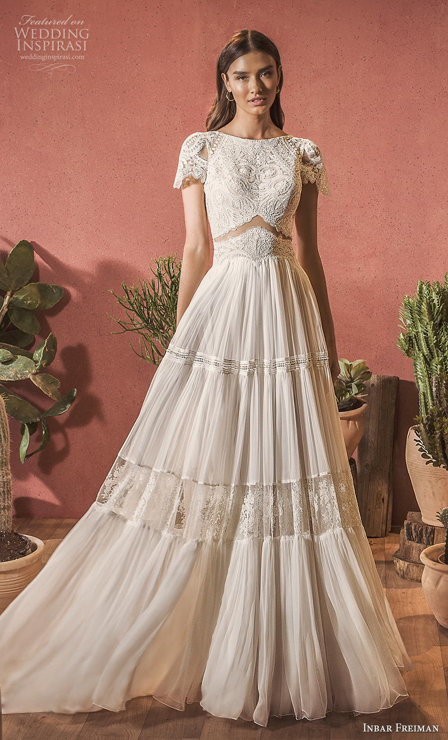 inbar freiman 2020 bridal short sleeves bateau neckline heavily embellished bodice romantic bohemian soft a  line wedding dress low back chapel train (5) mv