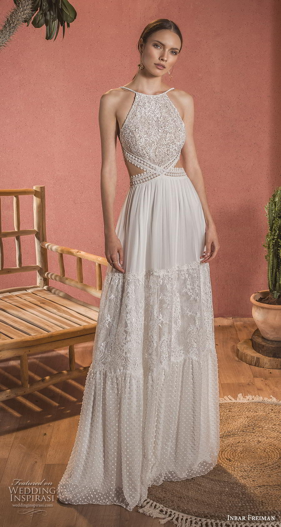 inbar freiman 2020 bridal sleeveless halter neck heavily embellished bodice sexy bohemian soft a  line wedding dress backless sweep train (11) mv