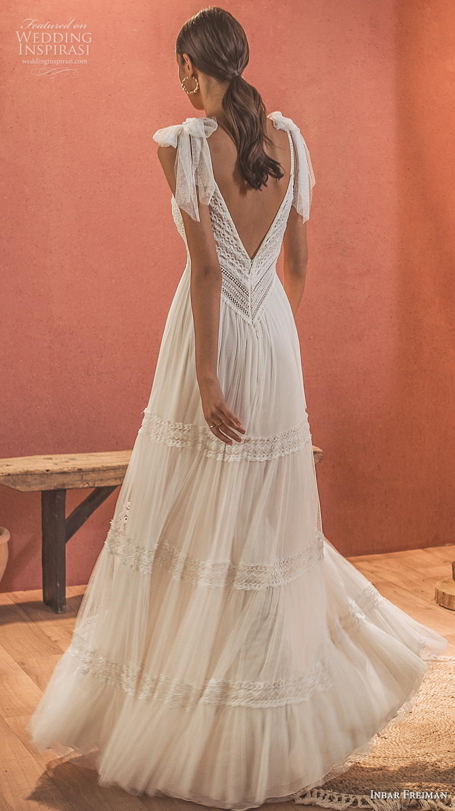 inbar freiman 2020 bridal sleeveless spaghetti strap v neck heavily embellished bodice romantic bohemian soft a  line wedding dress backless v back sweep train (9) bv