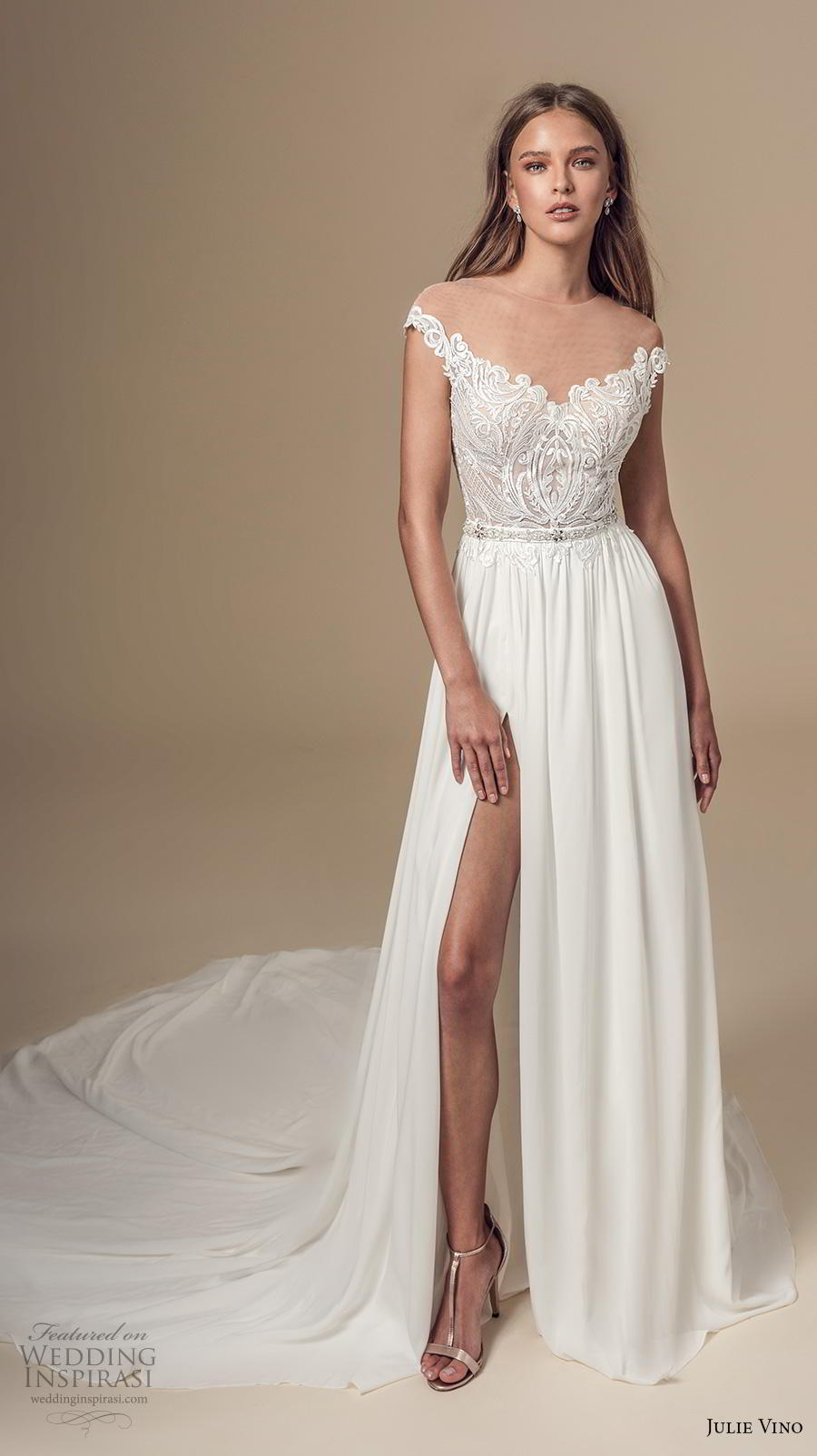 julie vino 2019 mimosa bridal cap sleeves illusion bateau v neckline heavily embellished bodice slit skirt romantic soft a  line wedding dress backless chapel train (2) mv