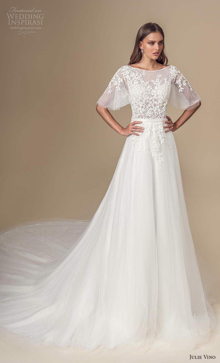 julie vino 2019 mimosa bridal half flare sleeves bateau neckline heavily embellished bodice romantic a  line wedding dress v back chapel train (3) mv