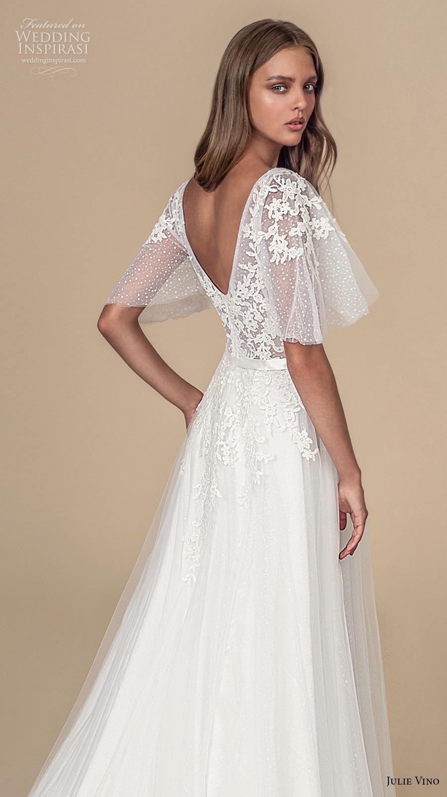 julie vino 2019 mimosa bridal half flare sleeves bateau neckline heavily embellished bodice romantic a  line wedding dress v back chapel train (3) zbv