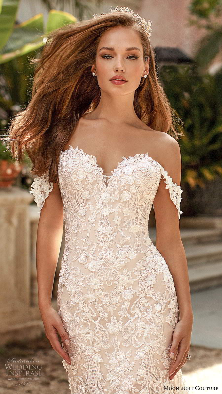 moonlight couture spring 2020 bridal off shoulder lace straps sweetheart neckline fully embellished lace fit flare mermaid sheath wedding dress cathedral train (1) zv