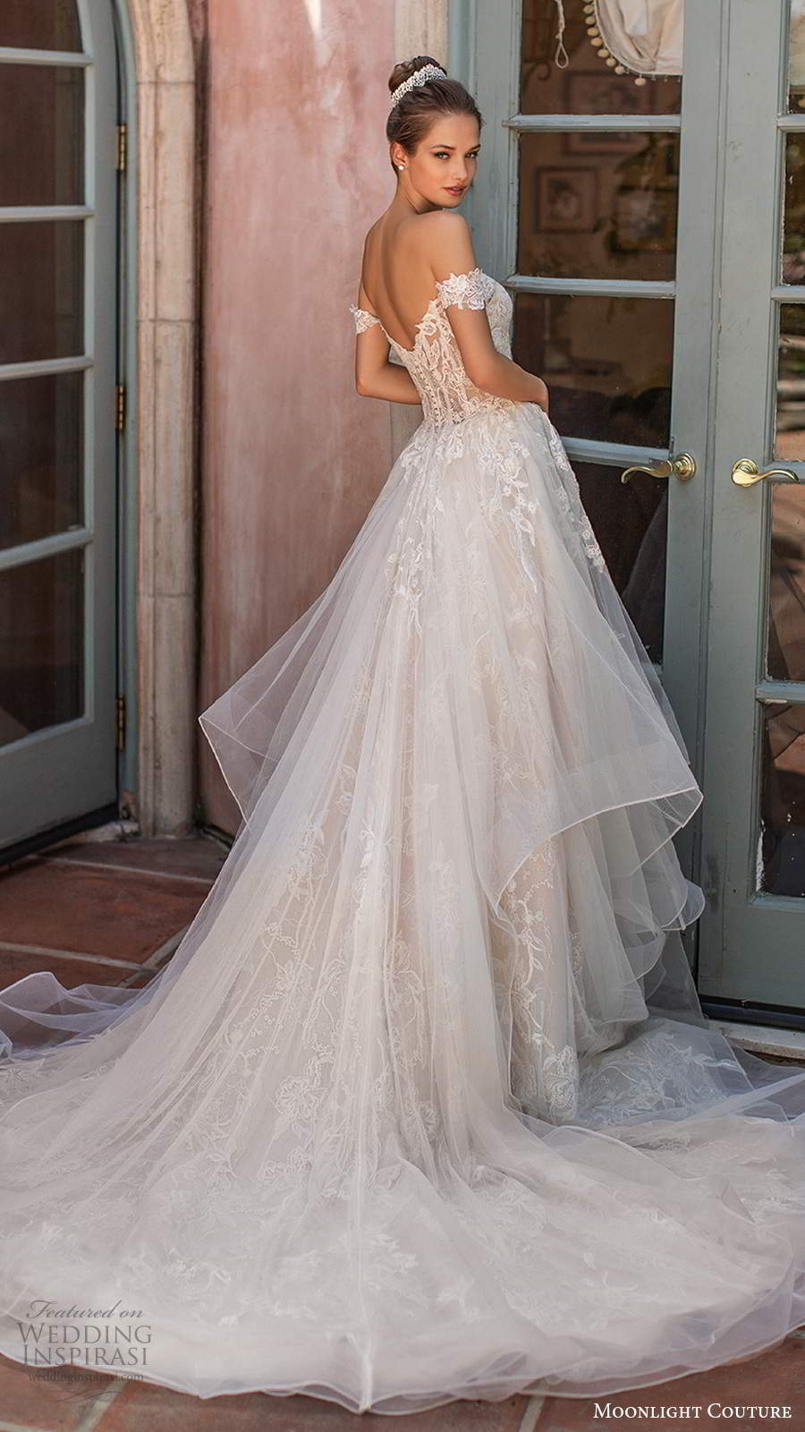 moonlight couture spring 2020 bridal off shoulder lace straps sweetheart neckline heavily embellished bodice tiered skirt a line ball gown wedding dress sheer back chapel train (8) bv