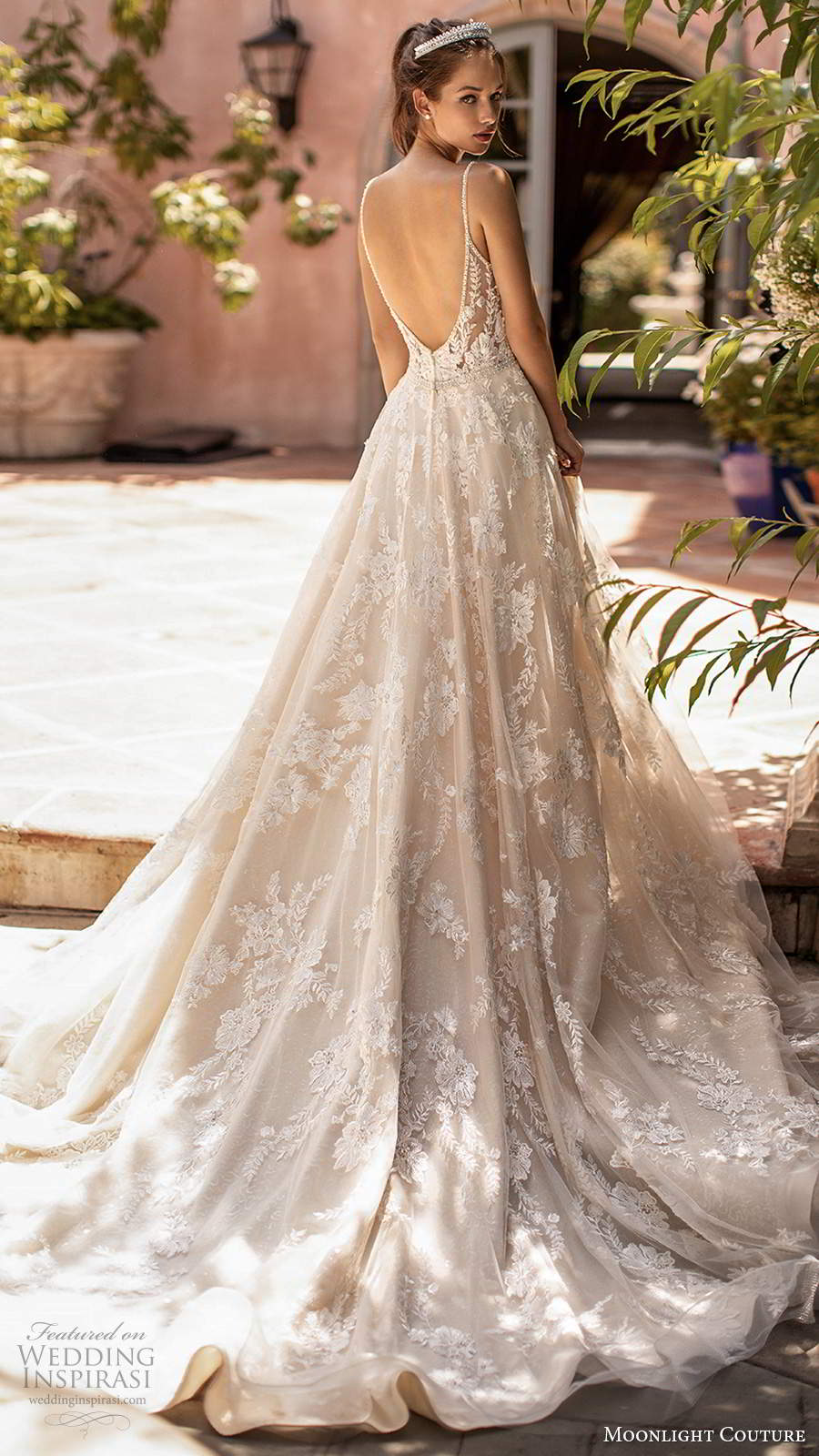 moonlight couture spring 2020 bridal sleeveless beaded thin straps sweetheart neckline fully embellished lace a line ball gown wedding dress low back chapel train (10) bv