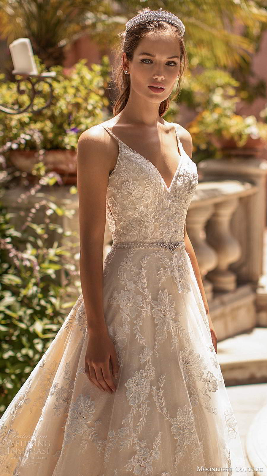 moonlight couture spring 2020 bridal sleeveless beaded thin straps sweetheart neckline fully embellished lace a line ball gown wedding dress low back chapel train (10) zv