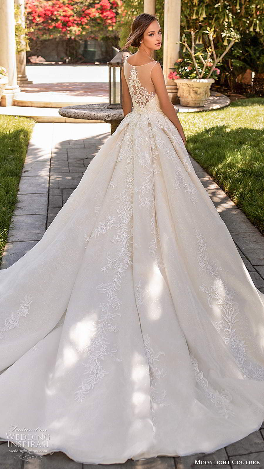 moonlight couture spring 2020 bridal sleeveless illusion bateau neck sweetheart neckline heavily embellished bodice a line ball gown wedding dress illusion back chapel train (6) bv