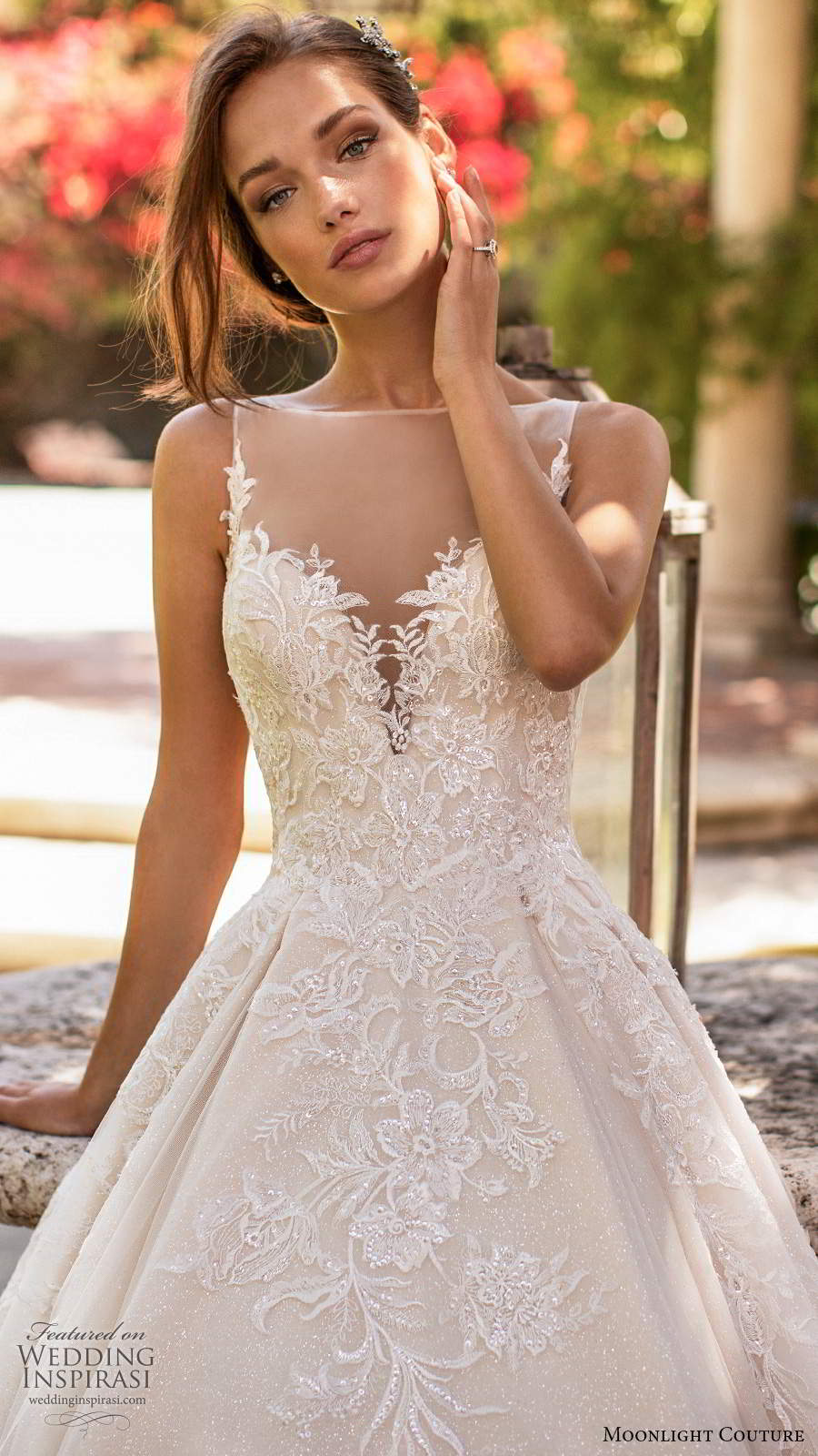 moonlight couture spring 2020 bridal sleeveless illusion bateau neck sweetheart neckline heavily embellished bodice a line ball gown wedding dress illusion back chapel train (6) zv