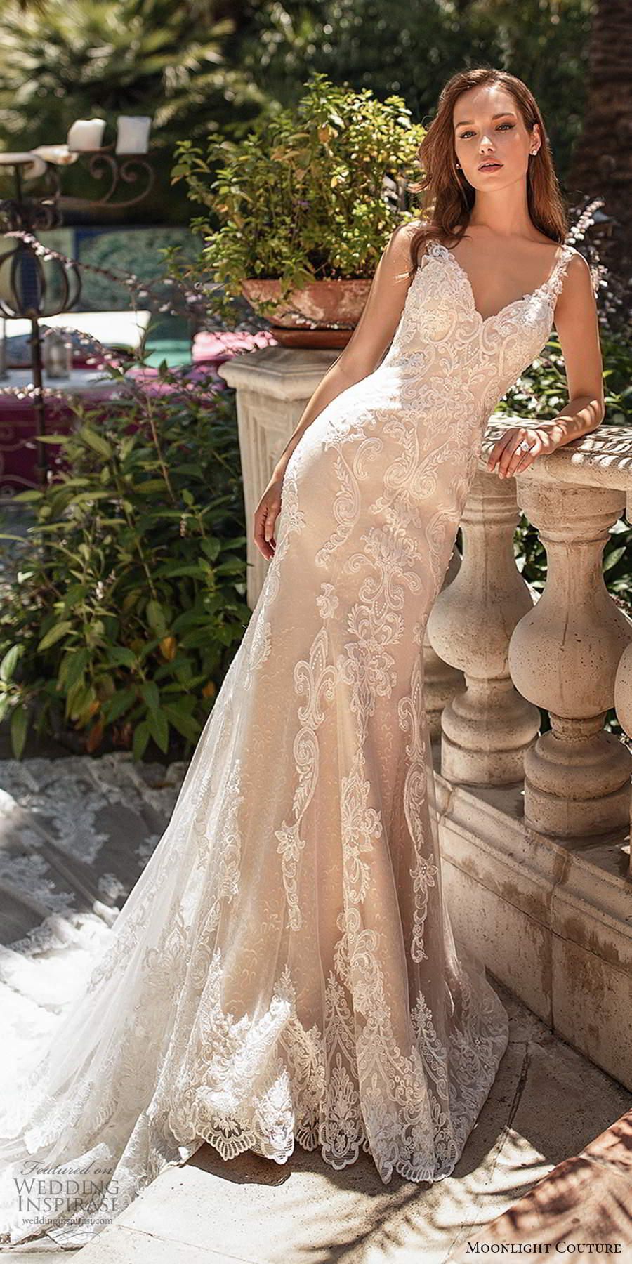 moonlight couture spring 2020 bridal sleeveless illusion straps sweetheart neckline fully embellished lace sheath mermaid wedding dress low back cathedral train (12) mv