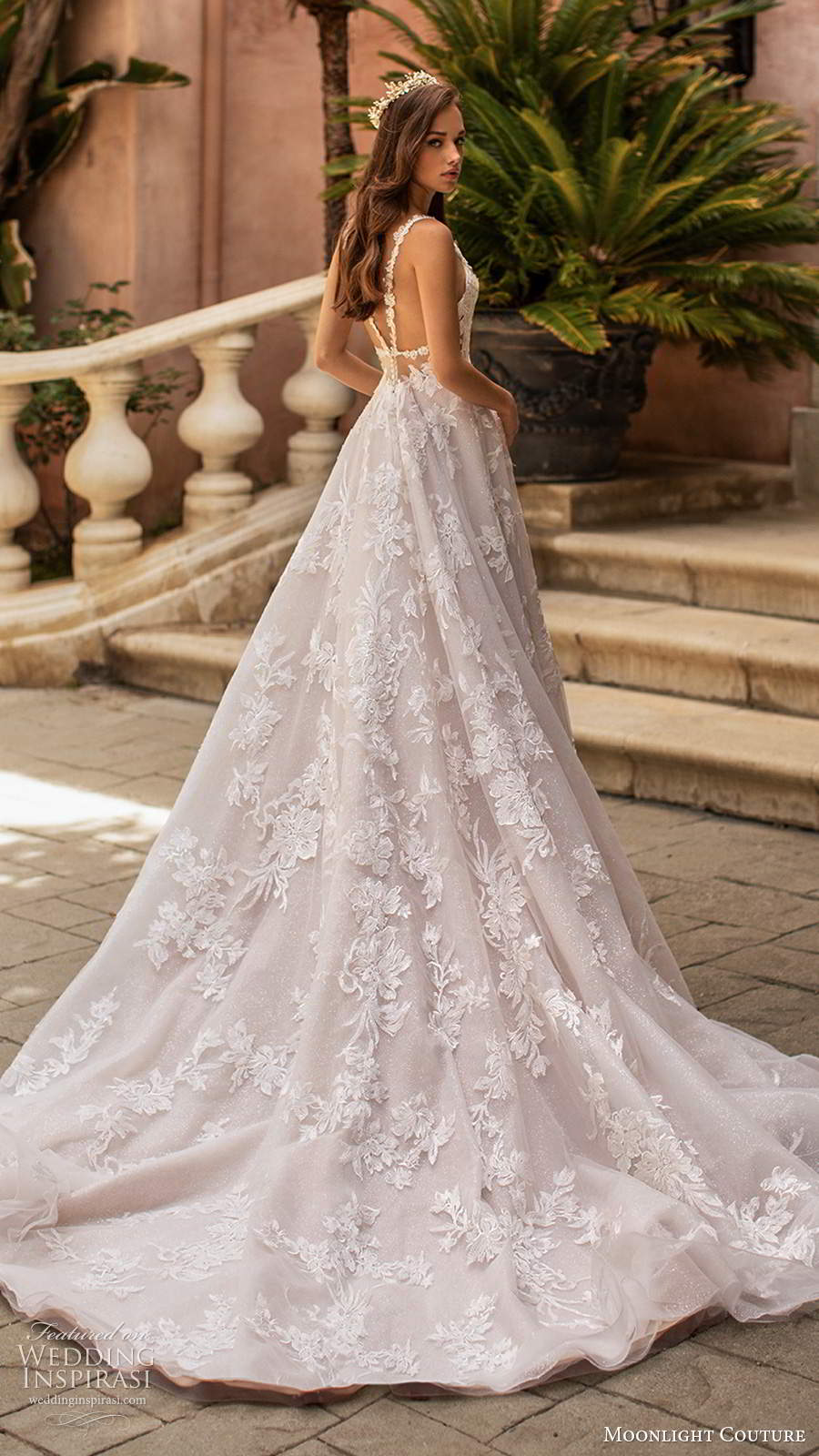 moonlight couture spring 2020 bridal sleeveless lace straps sweetheart neckline fully embellished lace a line ball gown wedding dress sheer back cathedral train (4) bv