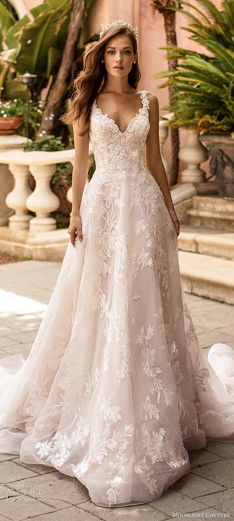moonlight couture spring 2020 bridal sleeveless lace straps sweetheart neckline fully embellished lace a line ball gown wedding dress sheer back cathedral train (4) mv
