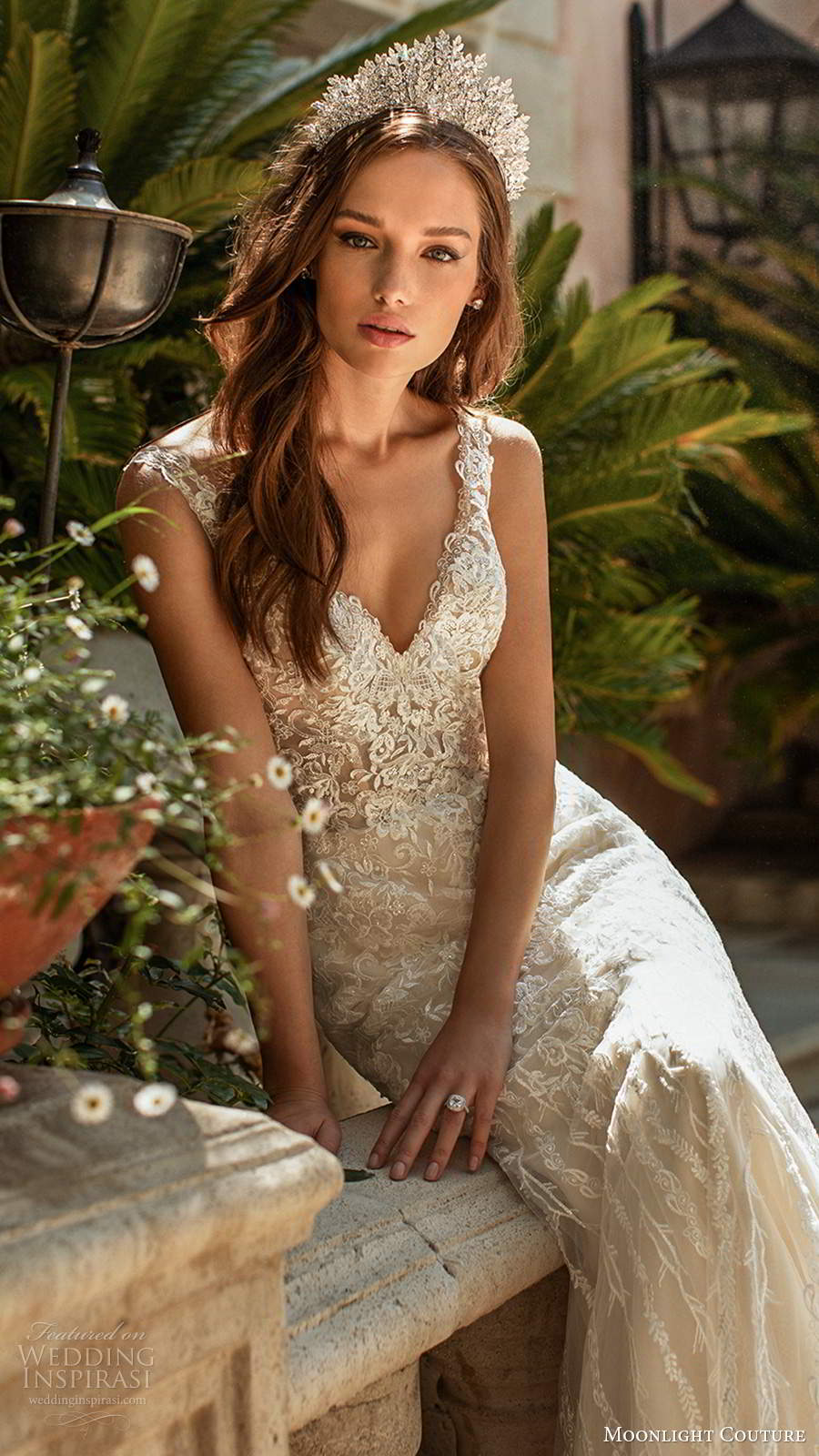 moonlight couture spring 2020 bridal sleeveless lace straps v neckline fully embellished lace fit flare trumpet mermaid wedding dress v back chapel train (3) zv