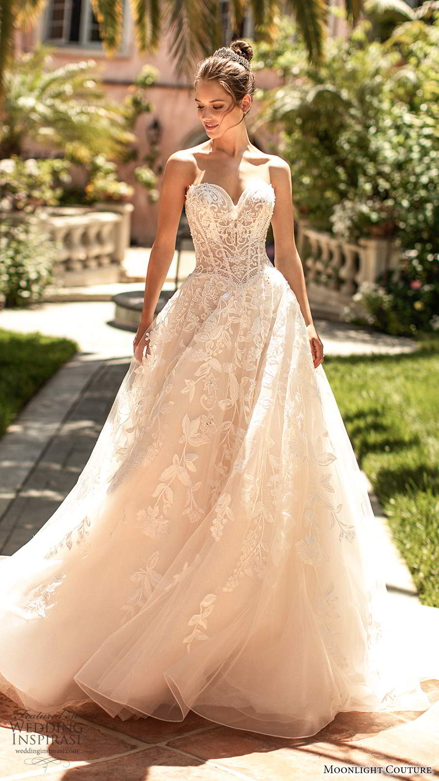 moonlight couture spring 2020 bridal strapless sweetheart neckline sheer bodice fully embellished basque waist a line ball gown wedding dress blush cathedral train (2) mv