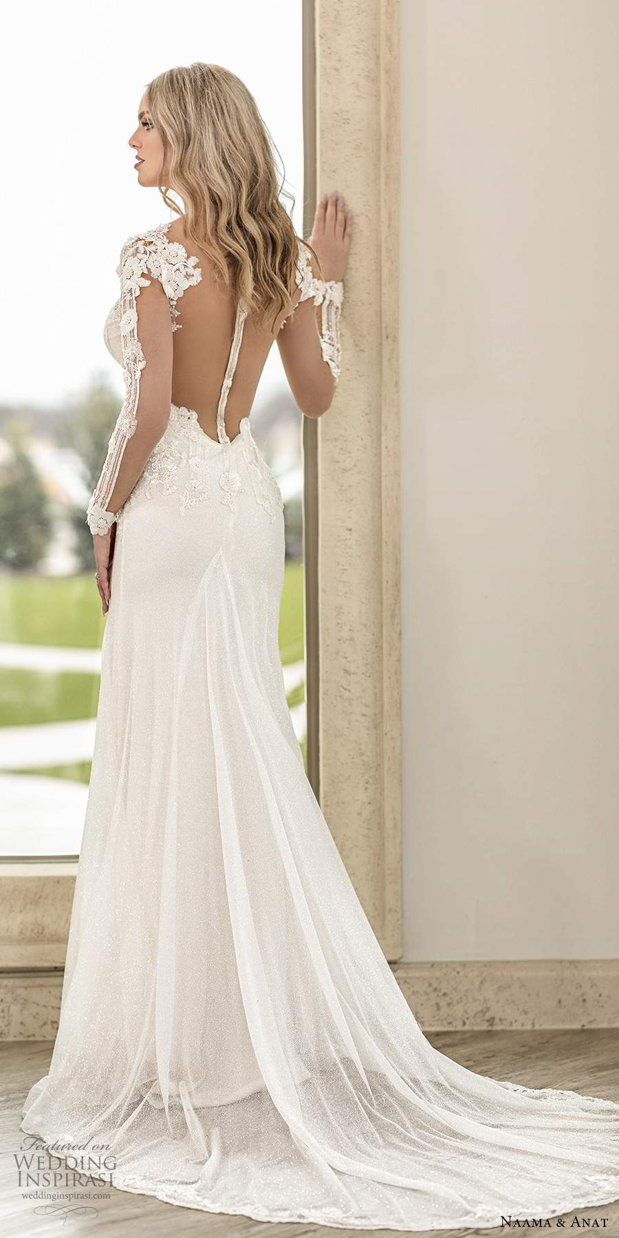 naama anat spring 2020 knottinghill bridal illusion long sleeves plunging v neckline heavily embellished bodice fit flare a line wedding dress sheer back chapel train (7) bv