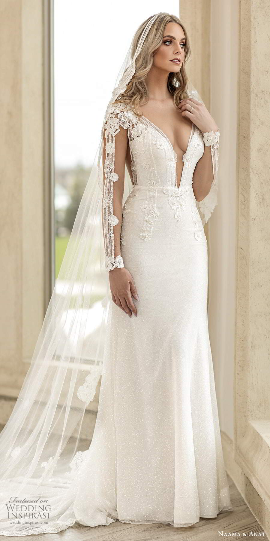 naama anat spring 2020 knottinghill bridal illusion long sleeves plunging v neckline heavily embellished bodice fit flare a line wedding dress sheer back chapel train (7) mv