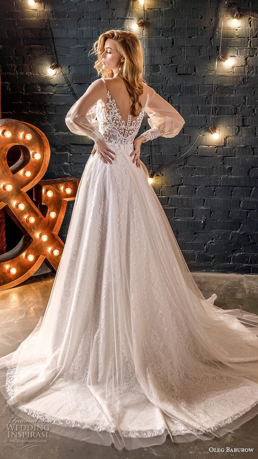 oleg baburow 2020 star girl bridal long bishop sleeves sweetheart neckline heavily embellished bodice romantic a  line wedding dress mid scoop back medium train (2) bv