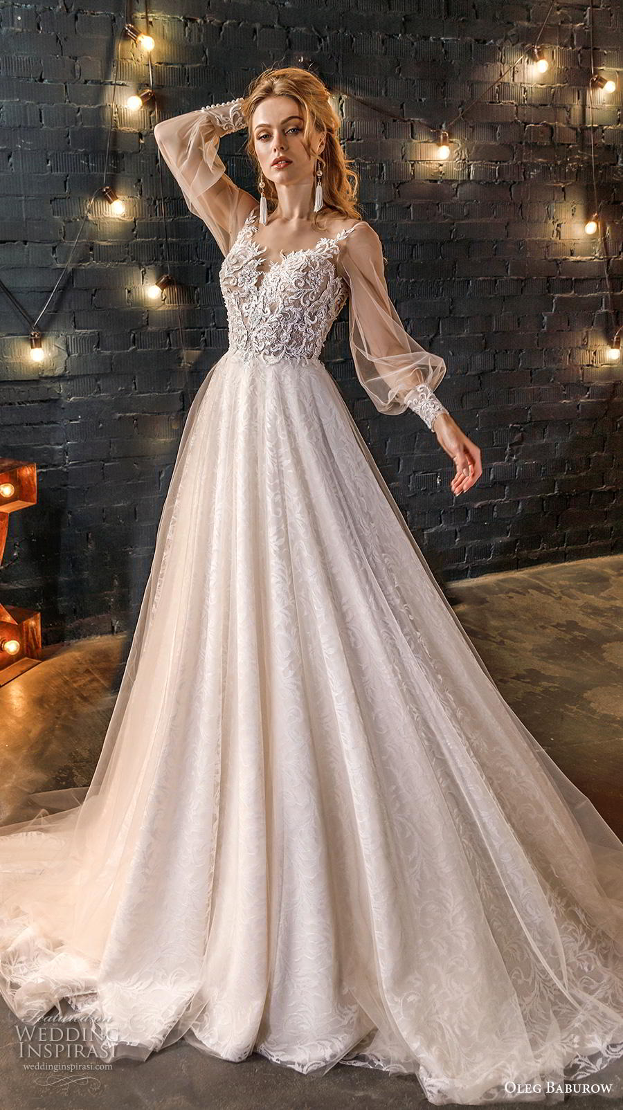 oleg baburow 2020 star girl bridal long bishop sleeves sweetheart neckline heavily embellished bodice romantic a  line wedding dress mid scoop back medium train (2) mv