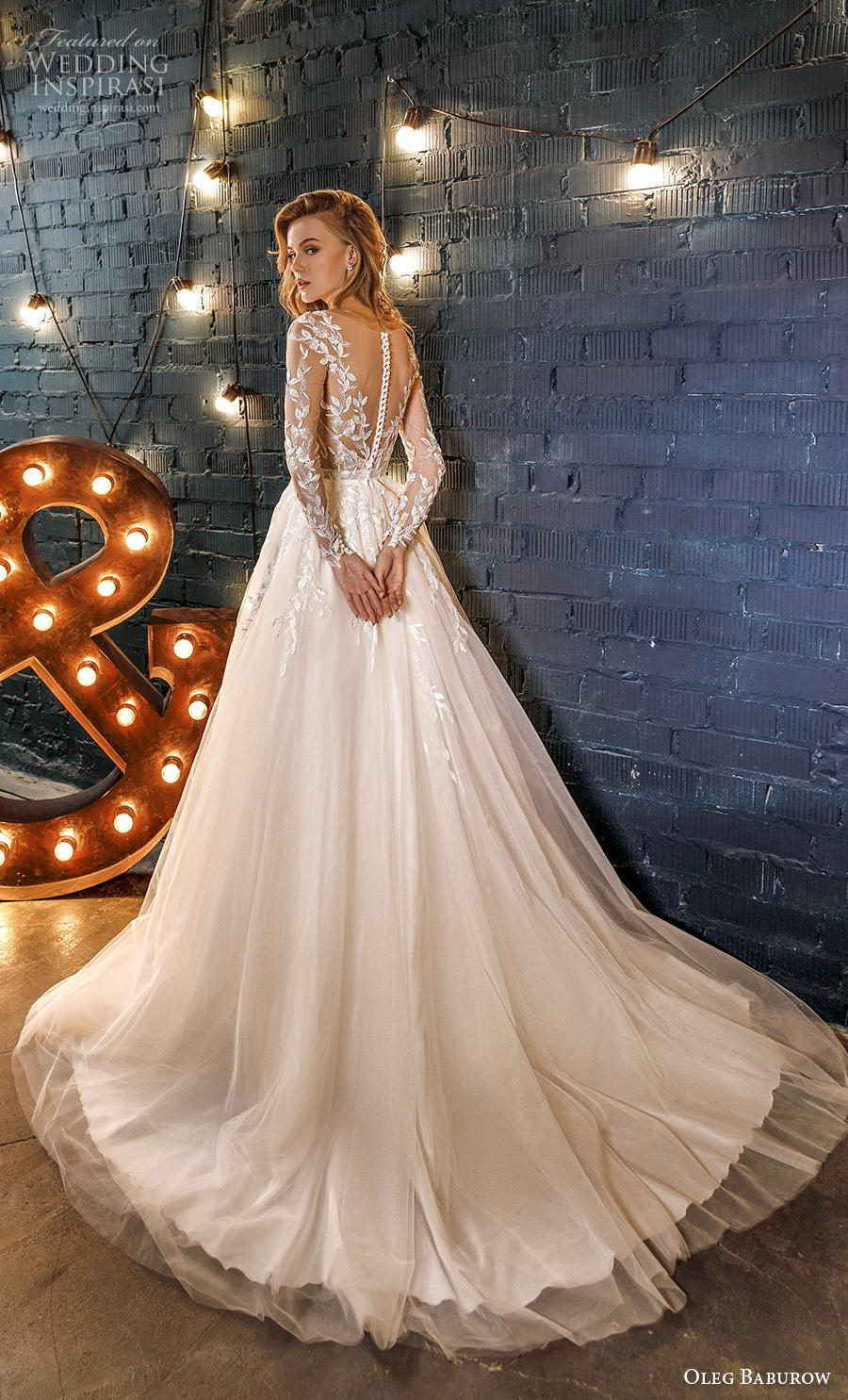 oleg baburow 2020 star girl bridal long sleeves illusion bateau v neck heavily embellished bodice romantic princess a  line wedding dress sheer button back chapel train (1) bv