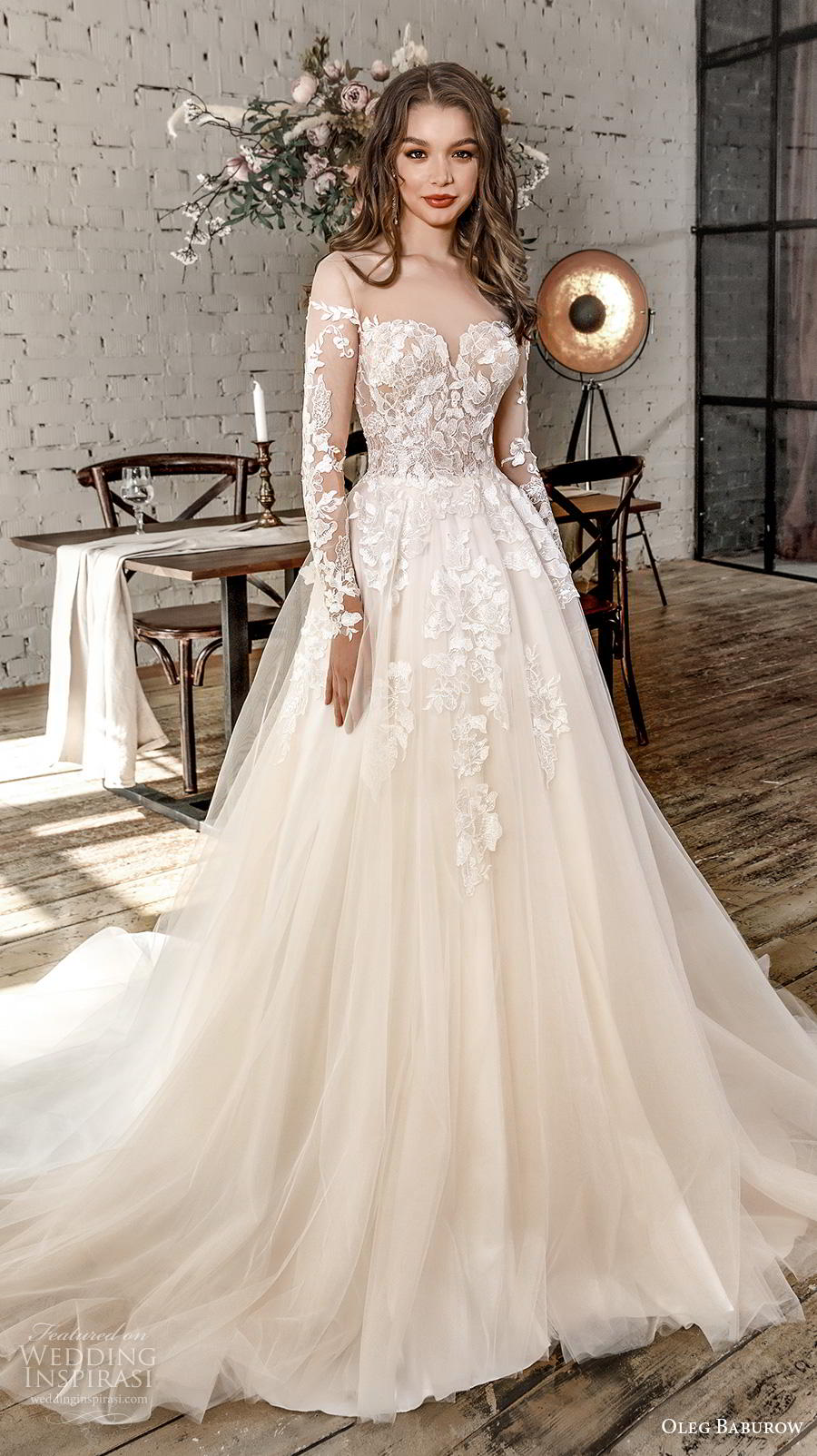 oleg baburow 2020 star girl bridal long sleeves sweetheart neckline heavily embellished bodice romantic a  line wedding dress sheer button back chapel train (16) mv