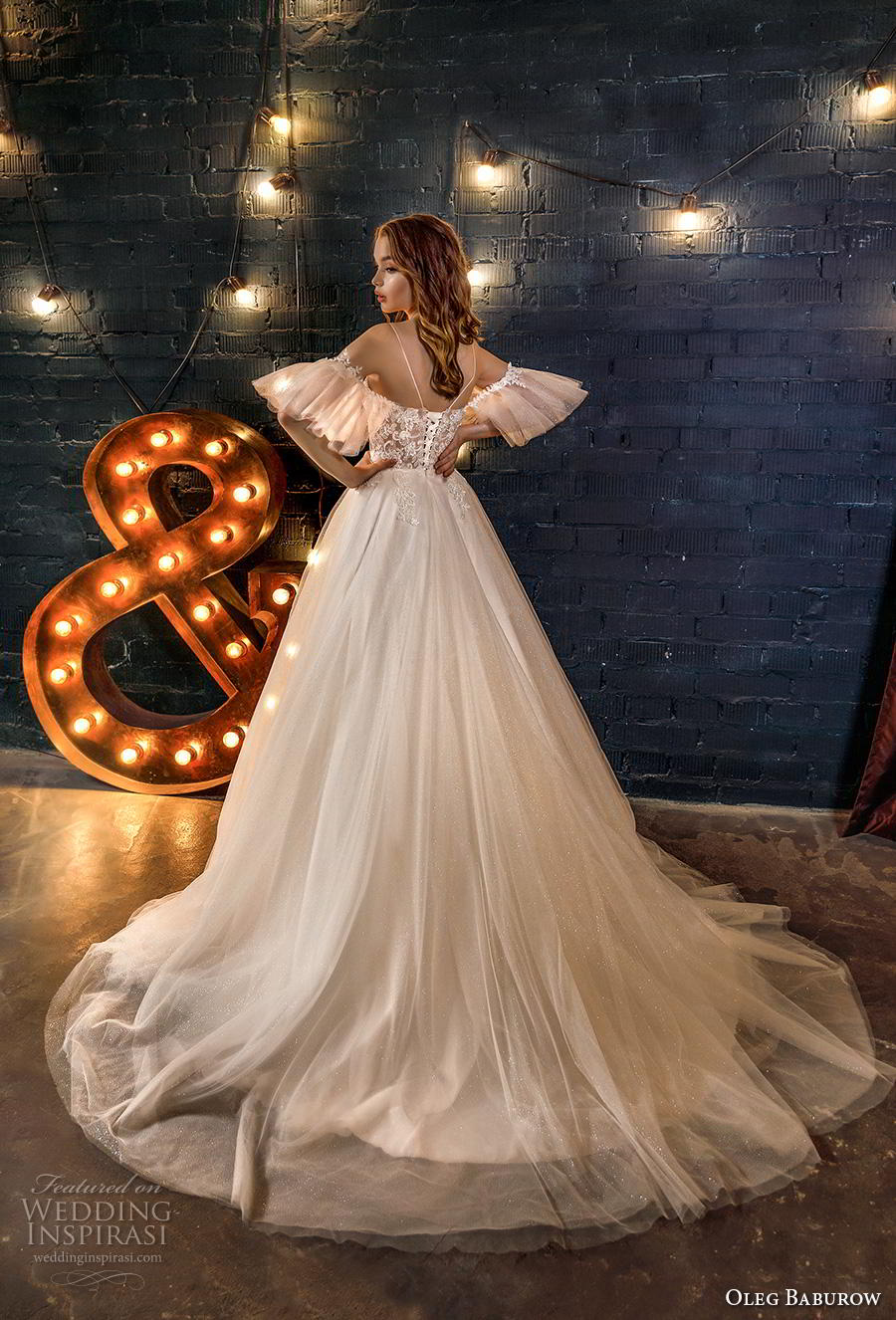 oleg baburow 2020 star girl bridal off the shoulder butterfly sleeves sweetheart neckline heavily embellished bodice romantic a  line wedding dress mid back chapel train (5) bv