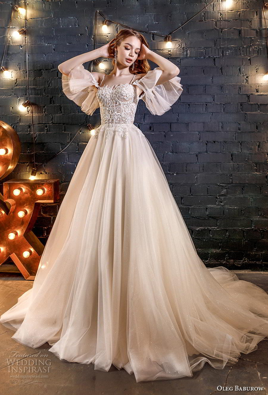 oleg baburow 2020 star girl bridal off the shoulder butterfly sleeves sweetheart neckline heavily embellished bodice romantic a  line wedding dress mid back chapel train (5) mv