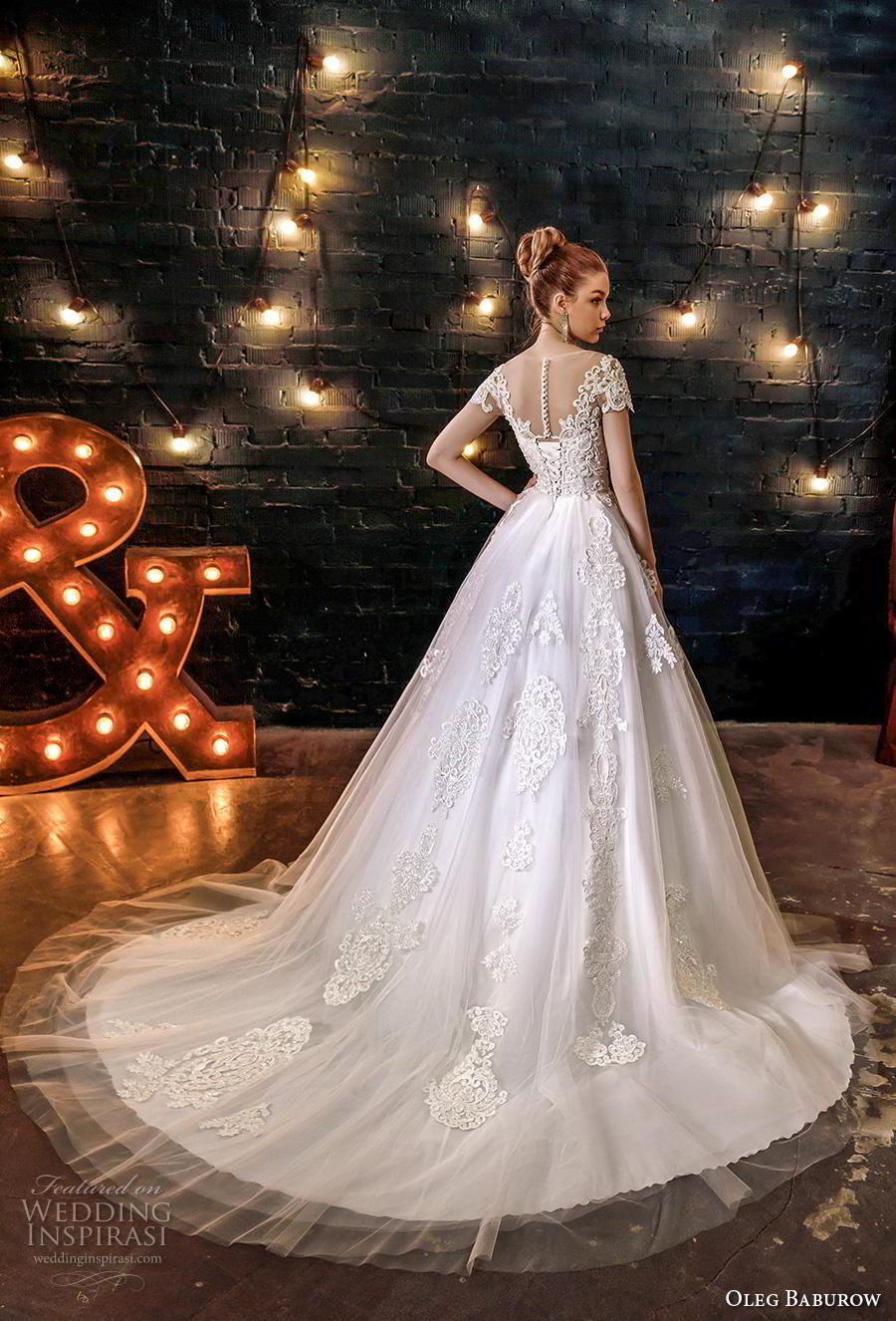 oleg baburow 2020 star girl bridal short sleeves illusion bateau sweetheart neckline heavily embellished bodice ball gown wedding dress sheer button back chapel train (9) bv