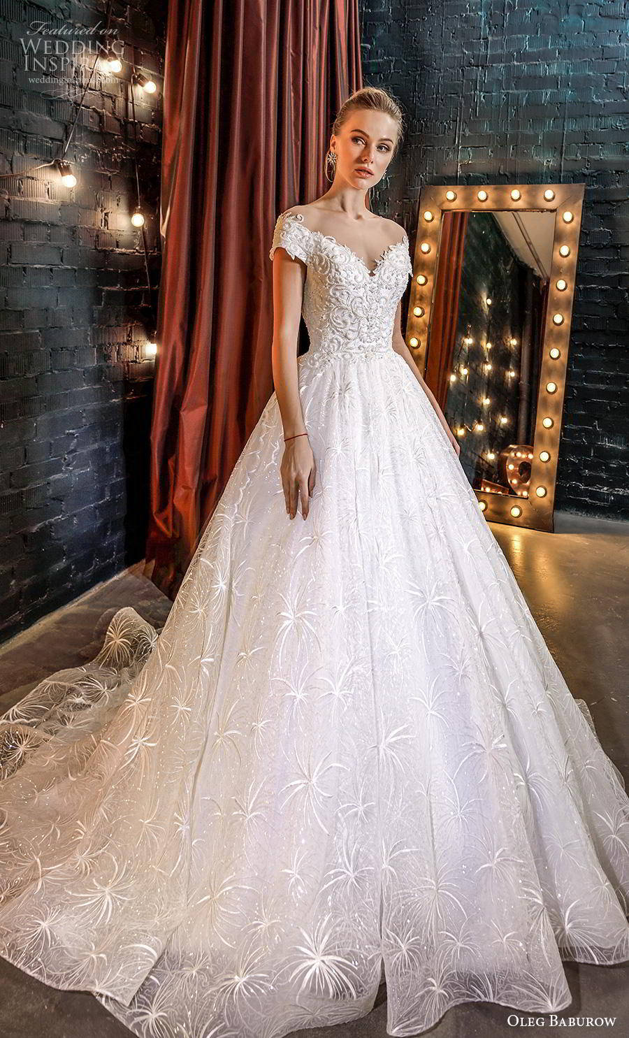 oleg baburow 2020 star girl bridal short sleeves off the shoulder v neck full embellishment romantic ball gown a  line wedding dress mid back chapel train (12) mv