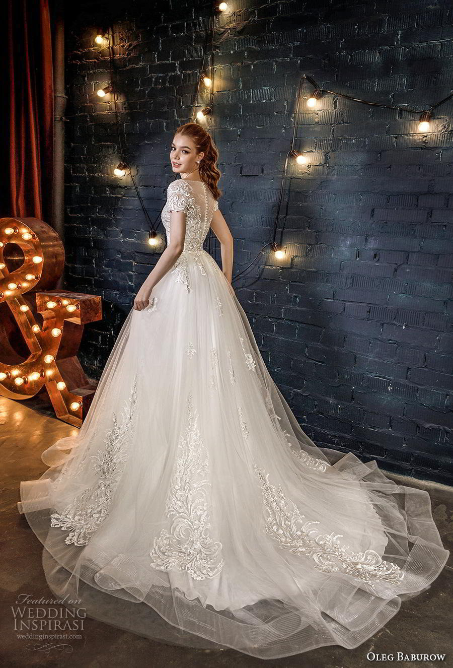 oleg baburow 2020 star girl bridal short sleeves sweetheart neckline heavily embellished bodice romantic a   line ball gown wedding dress sheer button back chapel train (3) bv