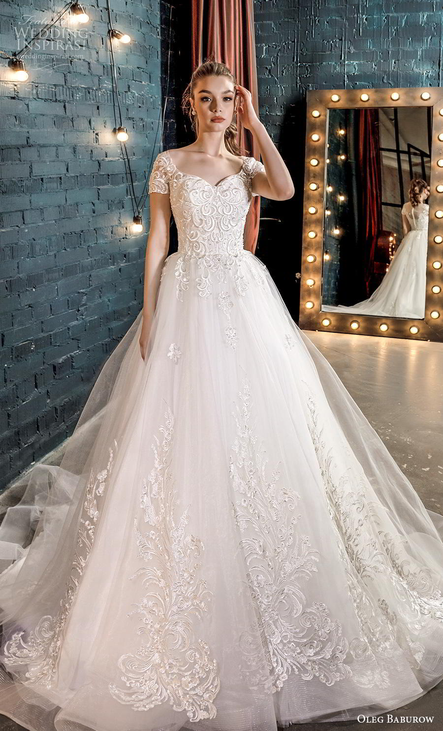 oleg baburow 2020 star girl bridal short sleeves sweetheart neckline heavily embellished bodice romantic a   line ball gown wedding dress sheer button back chapel train (3) mv