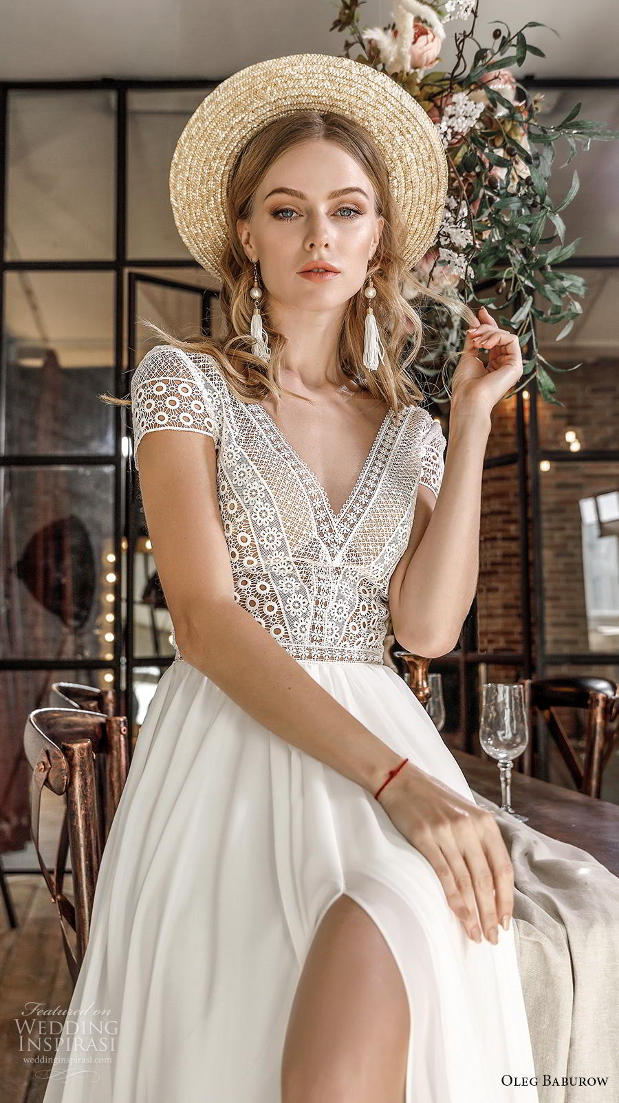 oleg baburow 2020 star girl bridal short sleeves v neck heavily embellished bodice slit skirt romantic bohemian soft a  line wedding dress v back chapel train (14) zv