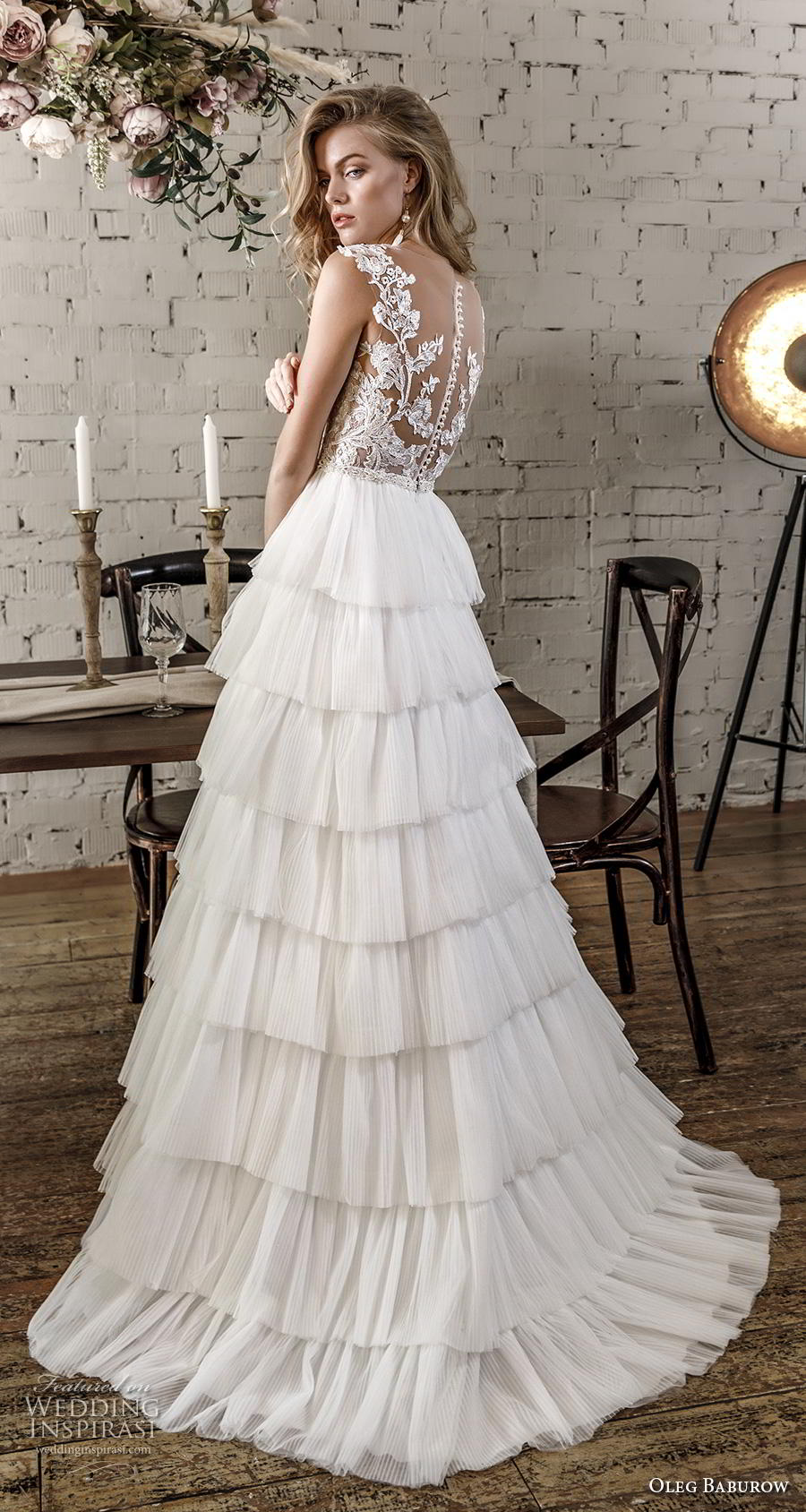 oleg baburow 2020 star girl bridal sleeveless lace strap v neck heavily embellished bodice tiered skirt romantic a  line wedding dress sheer lace button back sweep train (15) bv