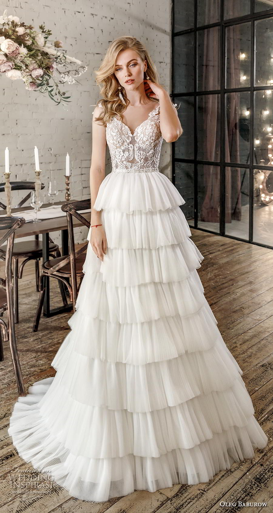 oleg baburow 2020 star girl bridal sleeveless lace strap v neck heavily embellished bodice tiered skirt romantic a  line wedding dress sheer lace button back sweep train (15) mv